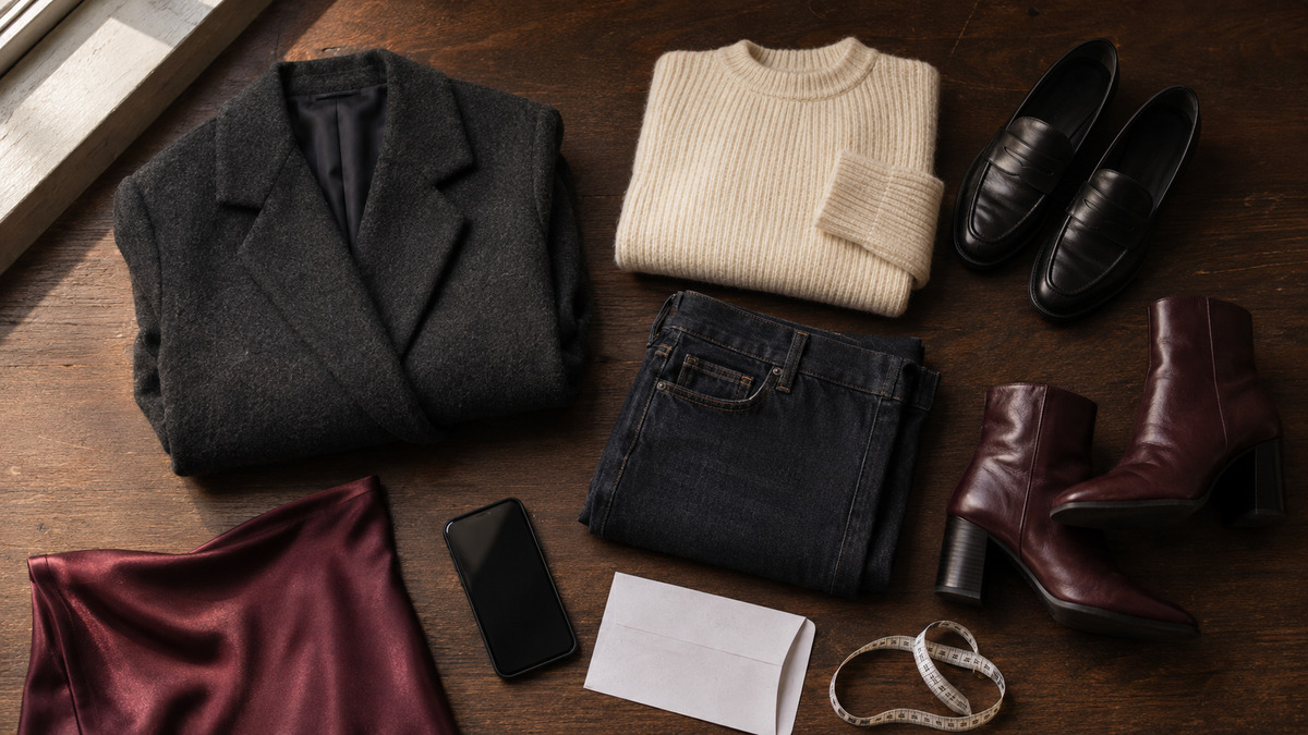 Flat lay of fall shopping haul pieces with a wool coat, knit, jeans, shoes, boots, measuring tape, and phone.