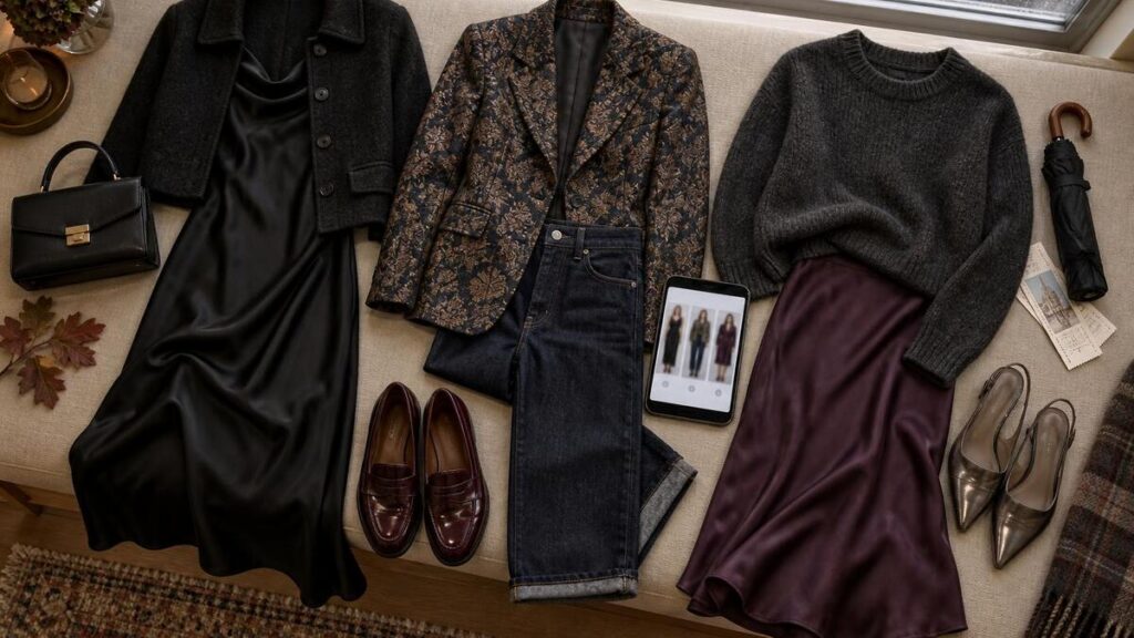 A flat lay of October event outfits with dresses, denim, jackets, shoes and a phone showing outfit previews.