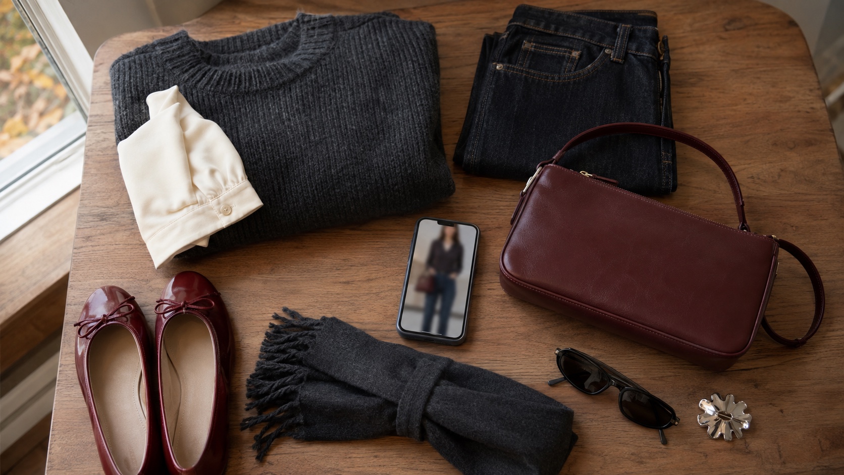 A fall outfit flat lay with red flats, scarf, bag, brooch and phone preview.