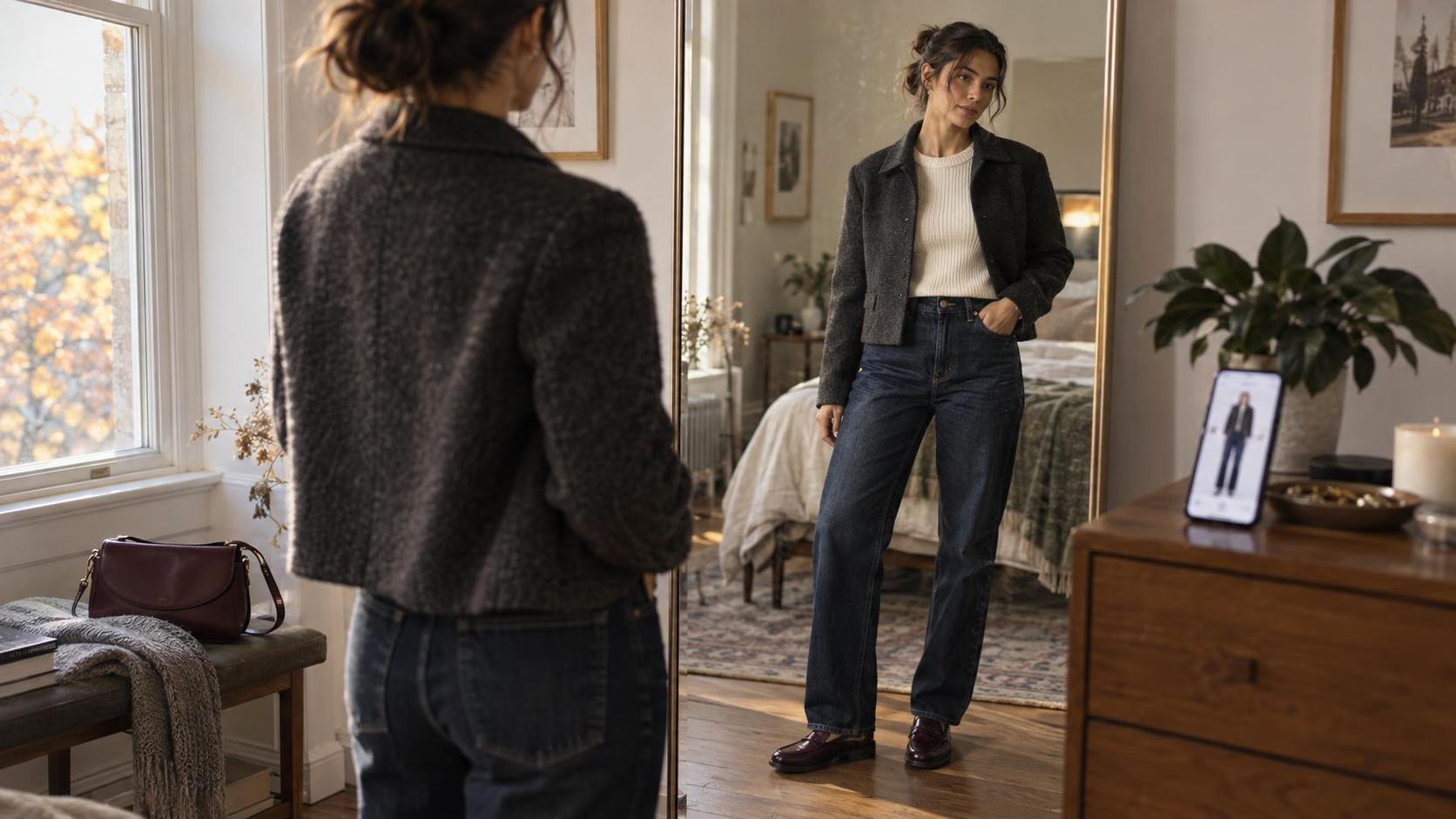Woman checking a complete fall outfit beside a bedroom mirror with a phone try on preview nearby.