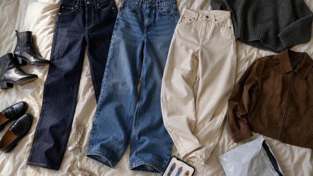 Jeans, fall shoes, knitwear and a phone preview arranged on a bed for virtual try on planning.
