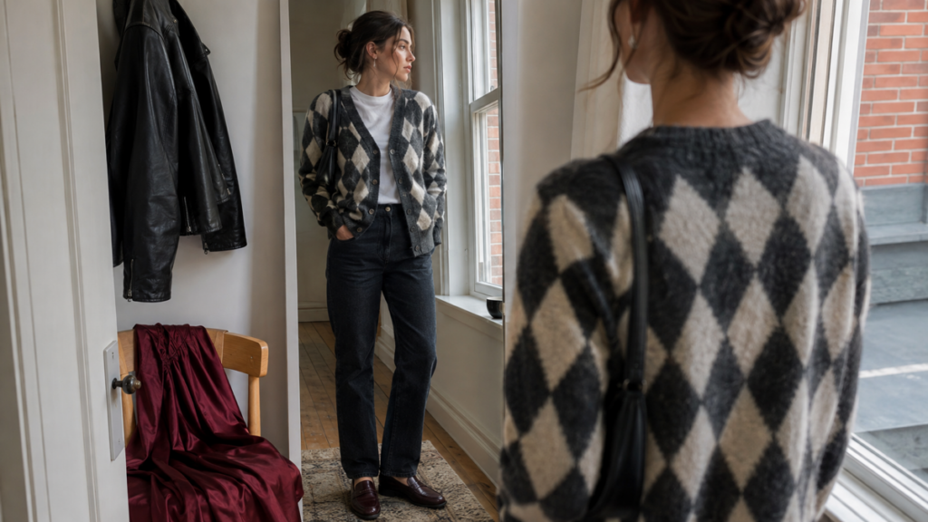 Woman checking a charcoal argyle cardigan outfit in a hallway mirror for fall styling.