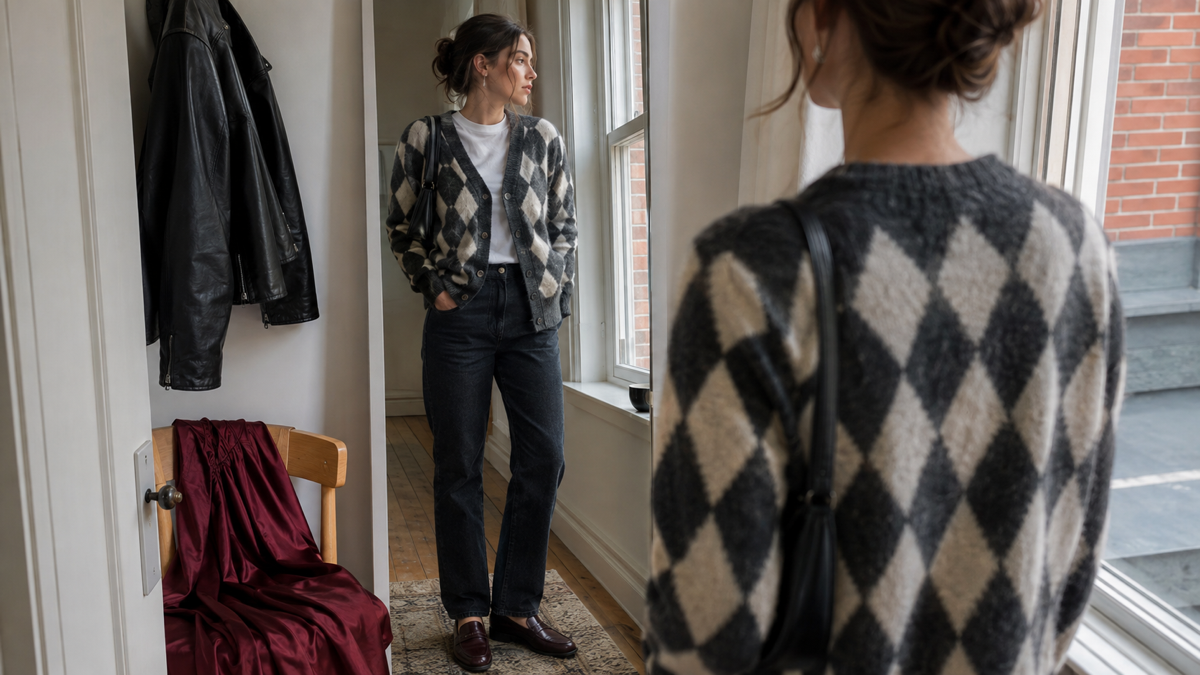 Woman checking a charcoal argyle cardigan outfit in a hallway mirror for fall styling.