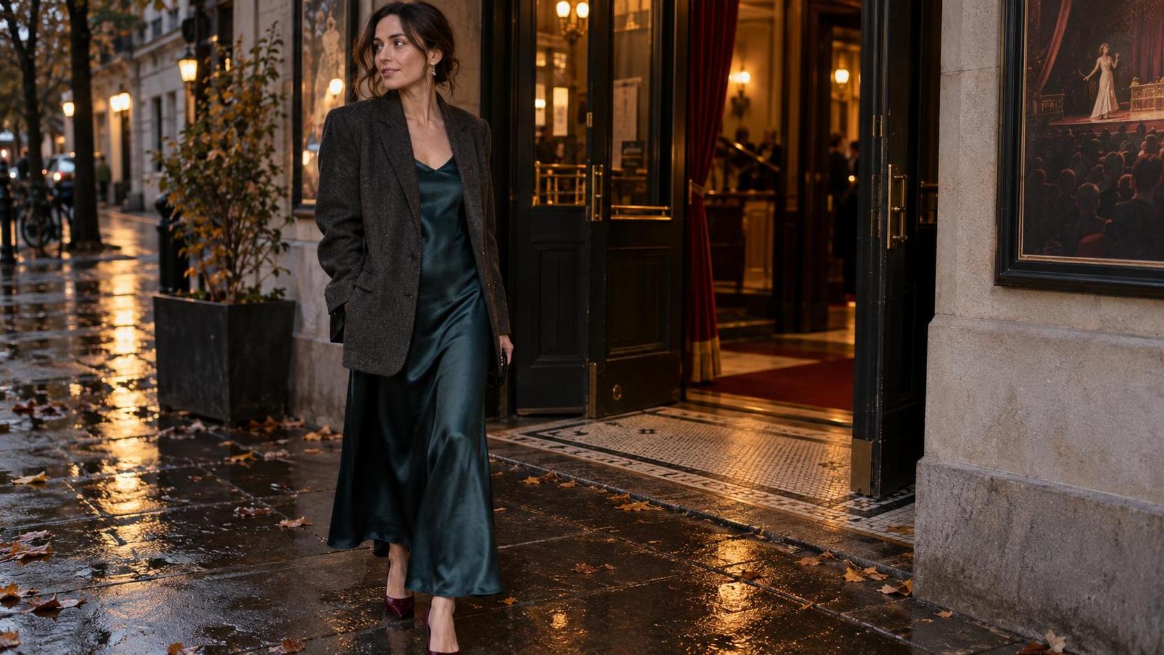 Woman wearing a charcoal blazer over a deep teal midi dress outside a theatre on a damp fall evening.