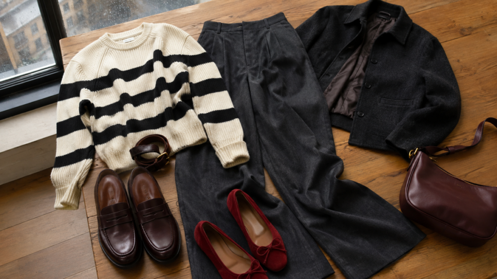 Bold striped fall outfit flat lay with knit sweater, charcoal trousers, loafers, red flats and burgundy bag.