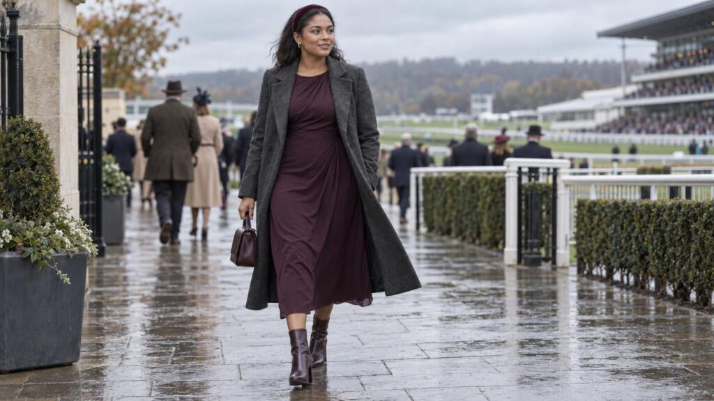 Woman wearing a plum midi dress and charcoal coat outside Ascot for British Champions Day