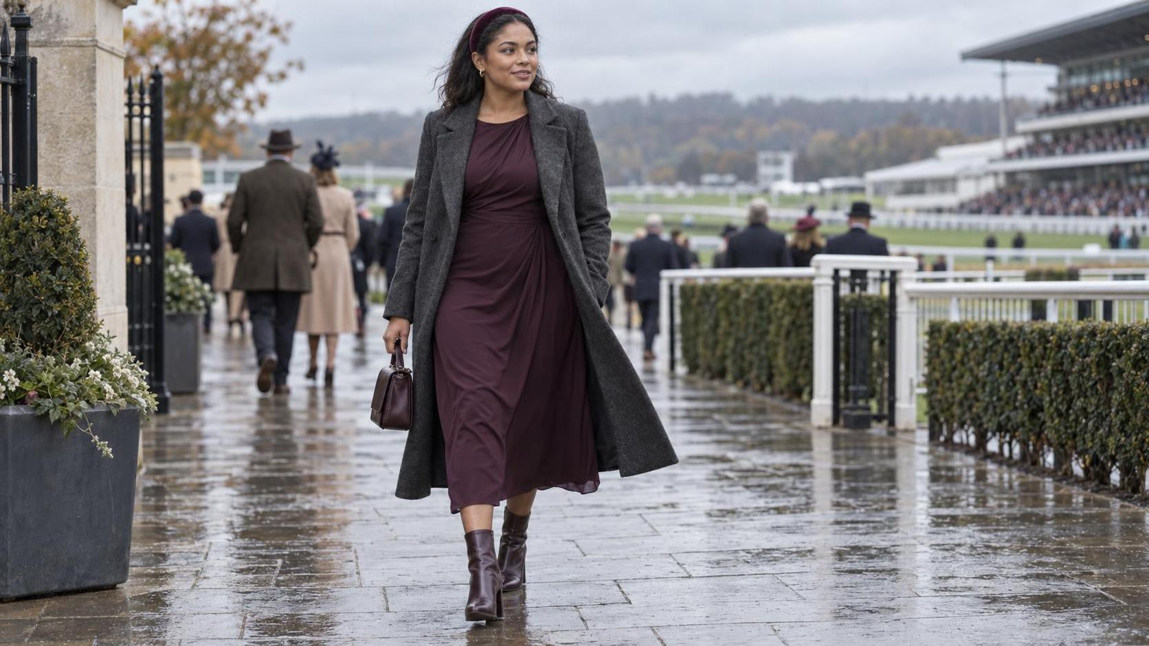 Woman wearing a plum midi dress and charcoal coat outside Ascot for British Champions Day