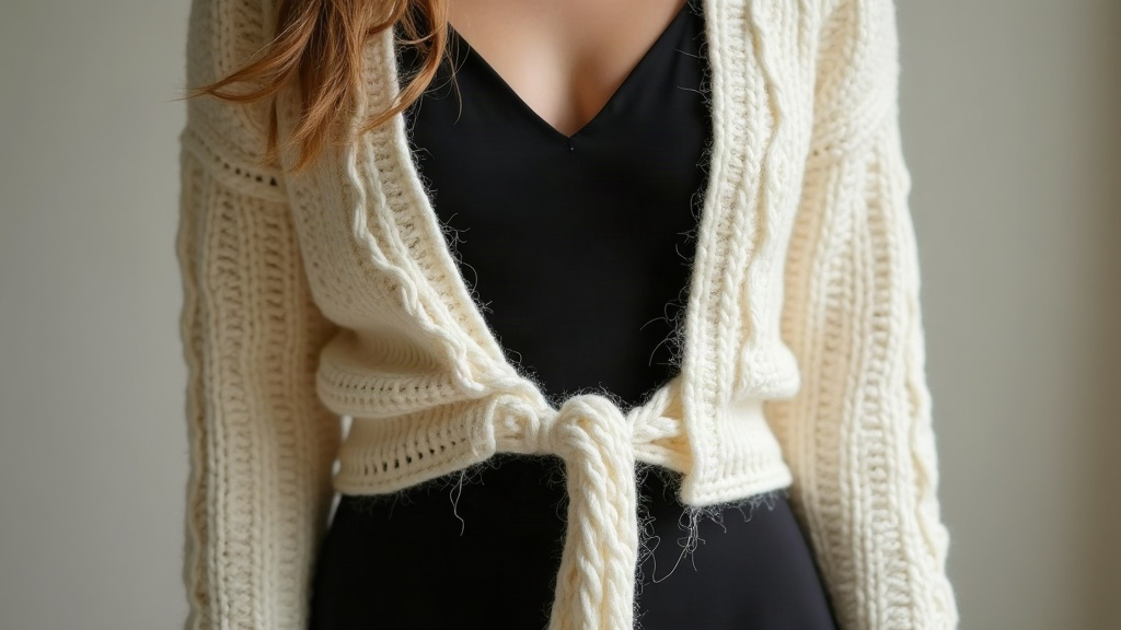 Close-up of a cream chunky cable knit cardigan tied at the waist over a black slip dress