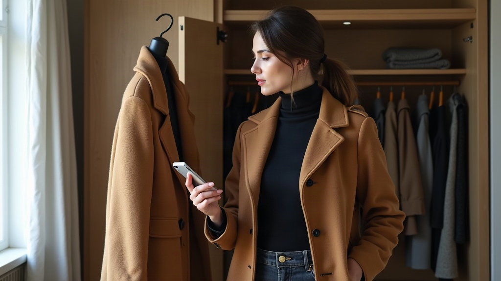 A woman checking a camel wool coat's fit against her own frame beside an open wardrobe, phone in hand showing a virtual try-on preview