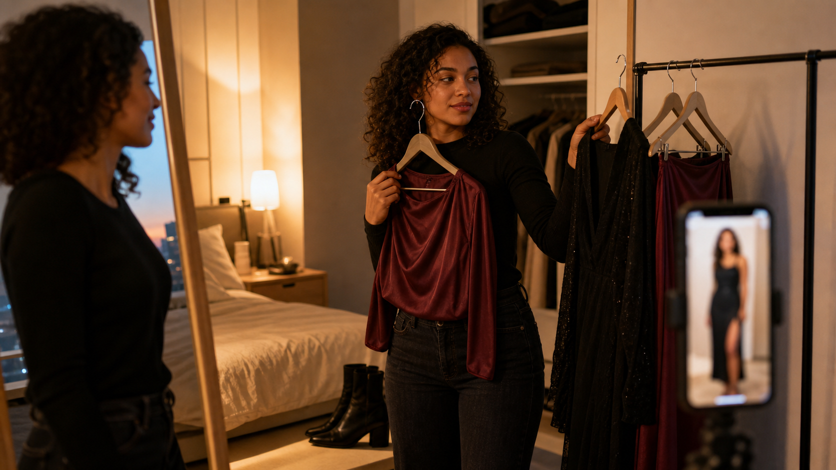 Woman comparing date night outfits beside a mirror with a phone preview nearby