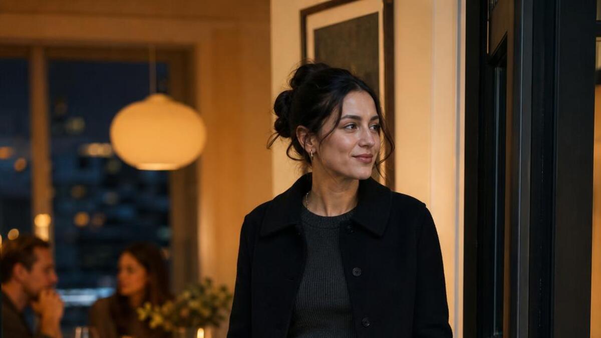 A woman in a cropped black jacket and plum satin skirt arriving at a candlelit fall dinner party.