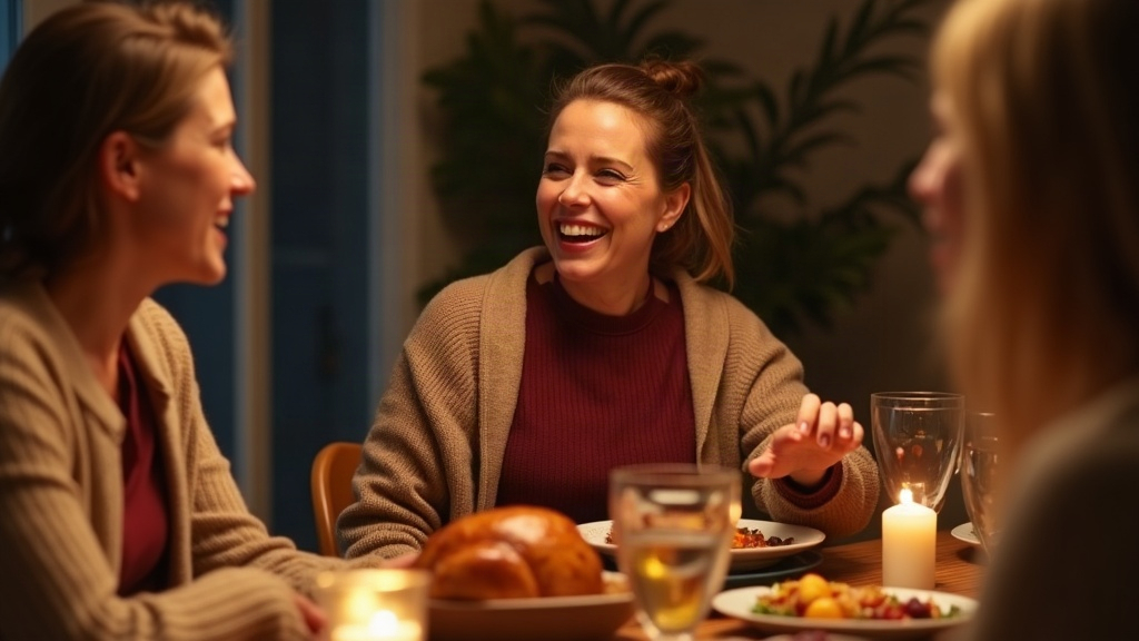Woman in a burgundy knit top and oatmeal cardigan laughing at a candlelit Friendsgiving dinner table