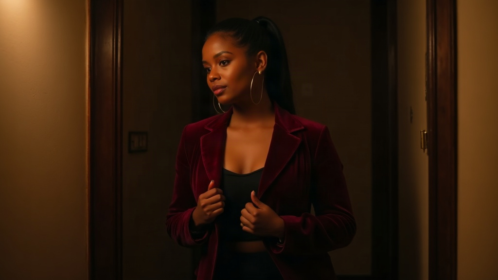 Woman adjusting a burgundy velvet blazer over a black dress in a hallway mirror before a Halloween party