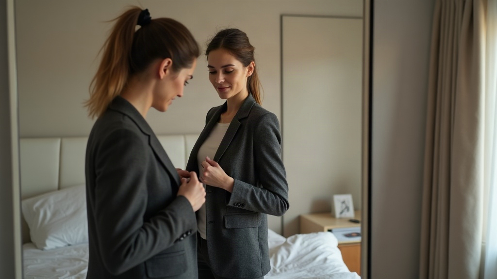 A woman checking the fit of a charcoal blazer in a bedroom mirror before a job interview