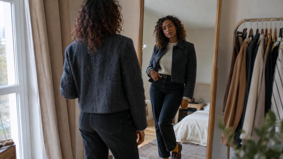 Layered fall outfit with cream knit charcoal jacket jeans and loafers