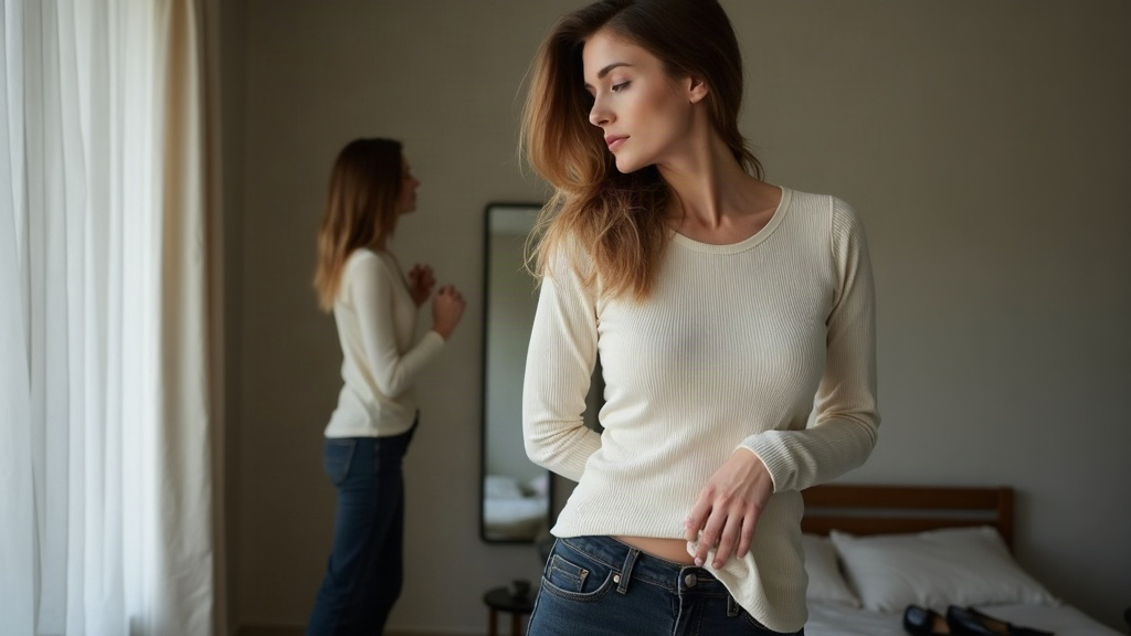 Woman checking a long ribbed cream knit top over slim jeans in a bedroom mirror