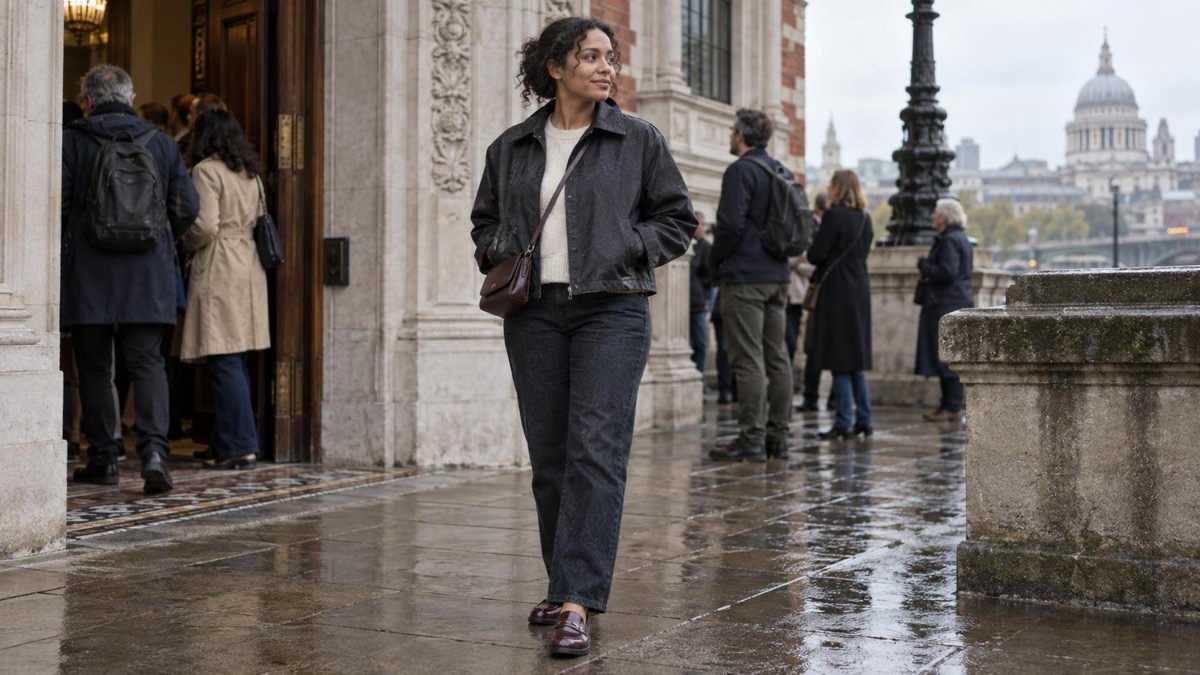 Woman in a rain jacket and loafers outside a London building for Open House London.