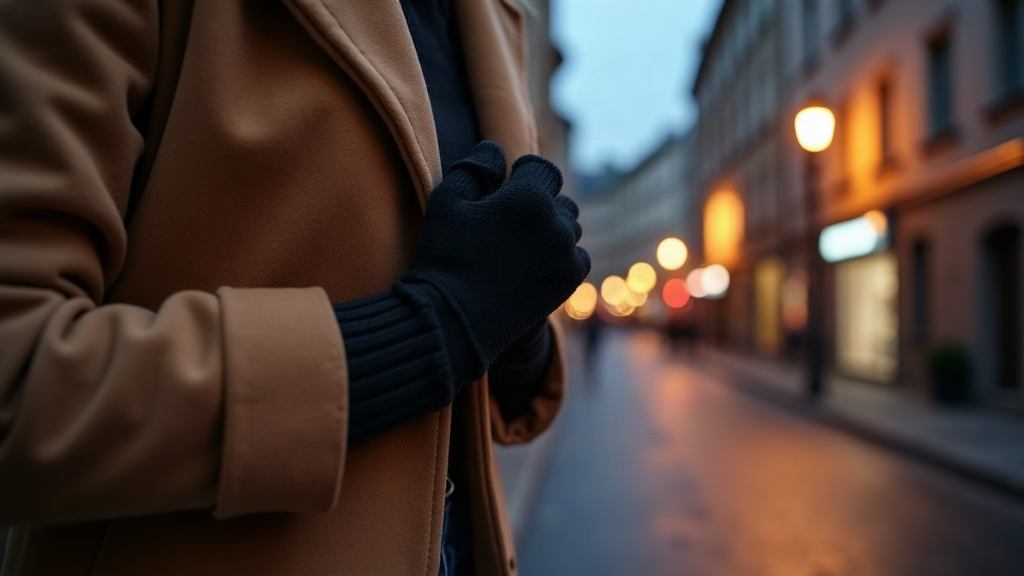 Woman wearing a black knit opera glove and camel wool coat on a city street at dusk