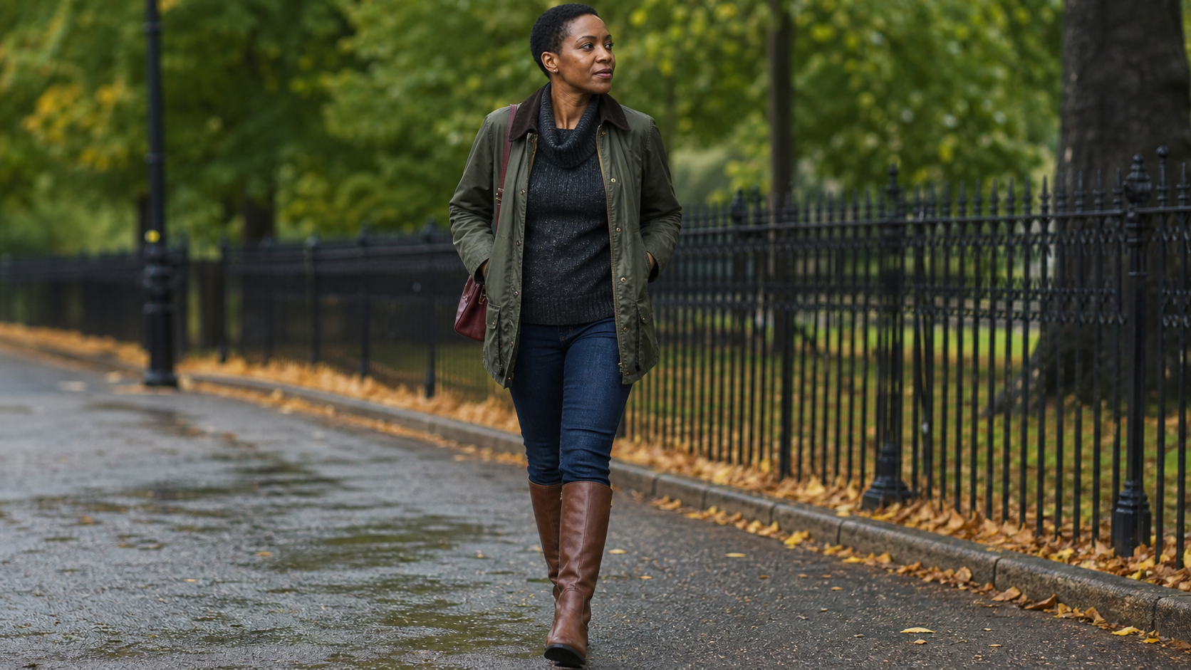 Woman wearing riding boots with dark jeans on a damp fall park path