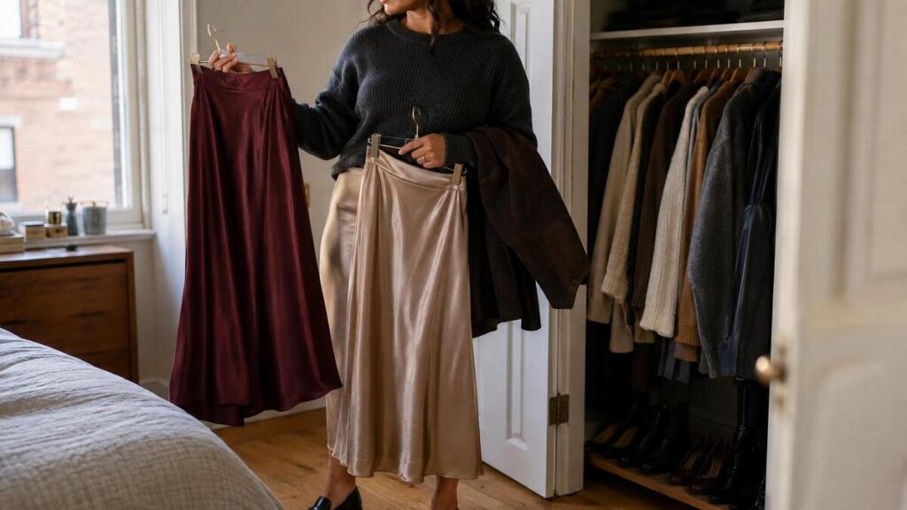 Burgundy and champagne satin skirts styled with fall knitwear in an open wardrobe