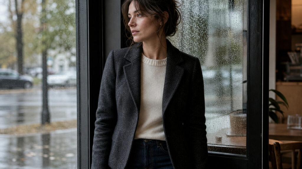 Woman wearing a shaped charcoal jacket with jeans by a rainy cafe window.