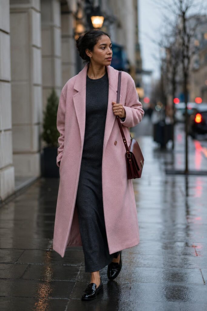 Woman wearing a soft pink fall coat with charcoal dress, black loafers and oxblood bag.