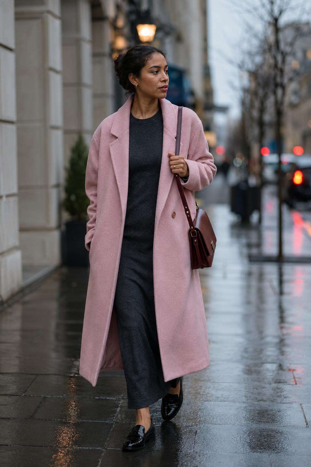 Woman wearing a soft pink fall coat with charcoal dress, black loafers and oxblood bag.