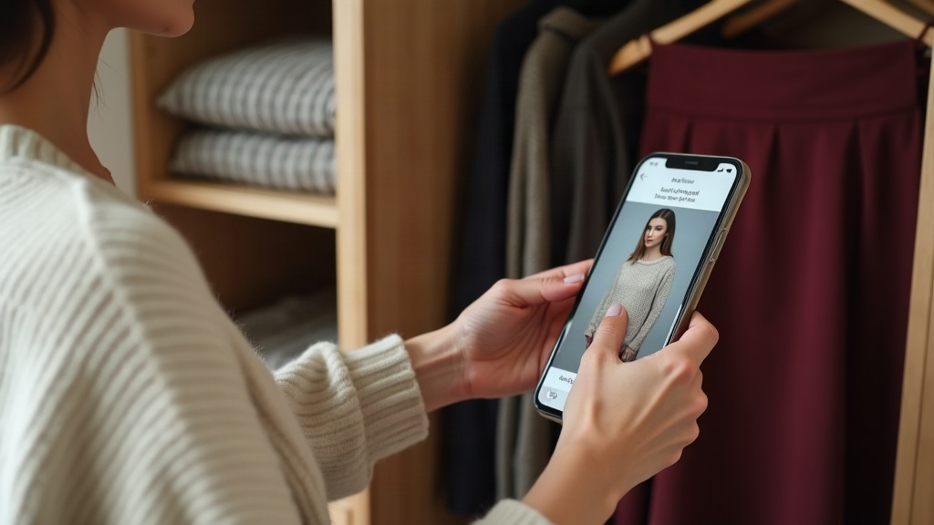 Woman checking the AI stylist chat on her phone beside an open closet
