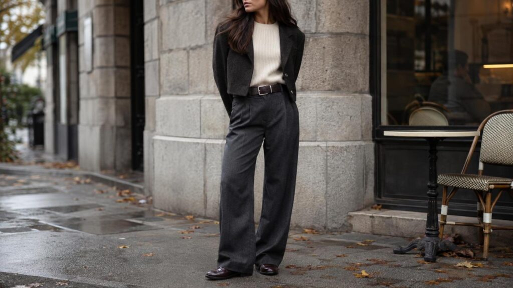 Woman wearing tailored fall outfit with a dark brown Western belt on a rainy city street.