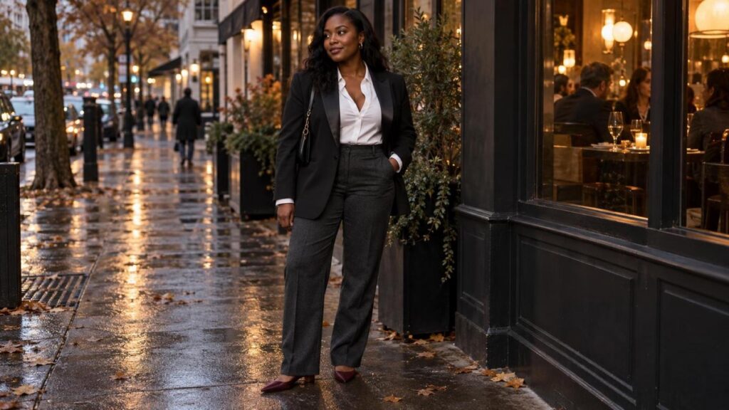 Woman wearing a tuxedo inspired fall outfit outside a city restaurant.