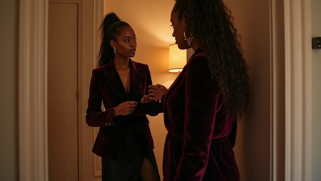 Adult woman in a velvet blazer and satin skirt for a work Halloween party