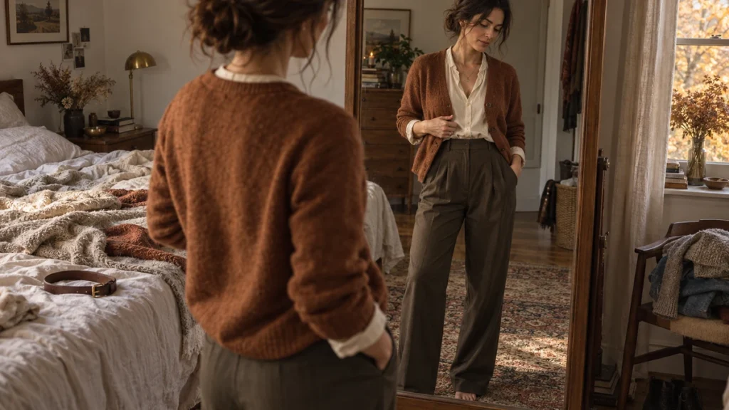 Woman assessing a softly tucked blouse and fastened cardigan in a bedroom mirror, showing ways to define the waist with familiar fall clothes.