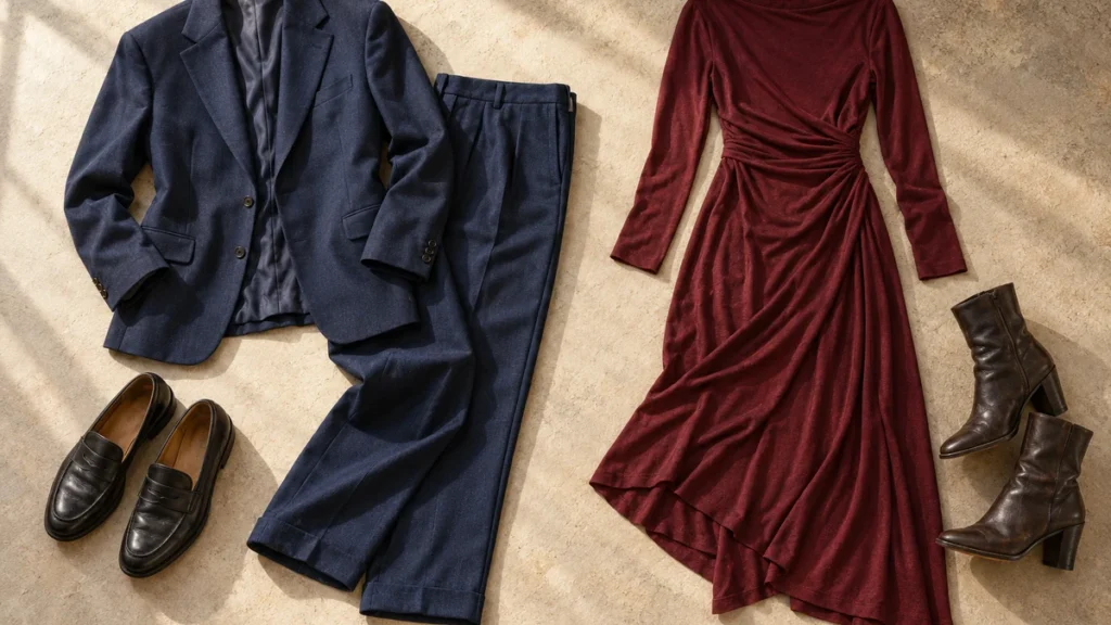 Flat-lay illustration of two fall alumni weekend outfits: a navy trouser set with loafers and a burgundy midi dress with leather boots.