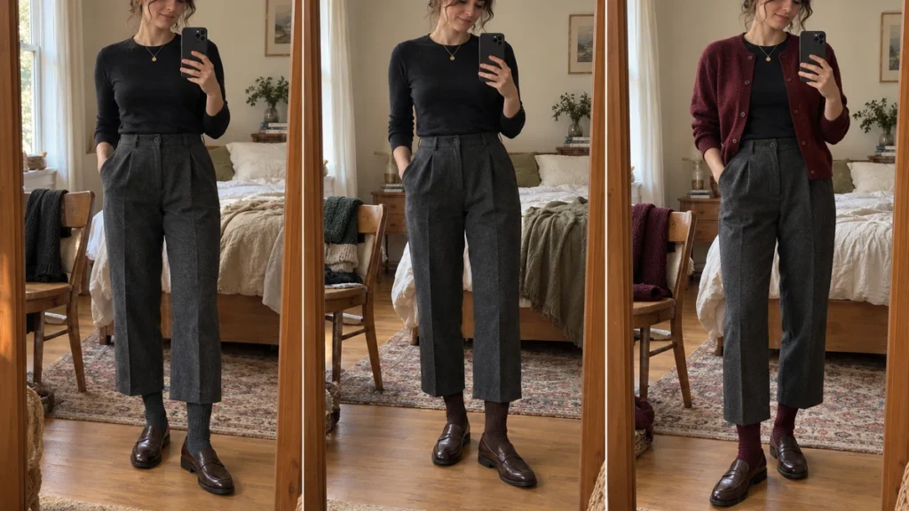 Three at-home mirror outfit views compare charcoal socks matching trousers, brown socks matching loafers, and burgundy socks coordinated with a cardigan.