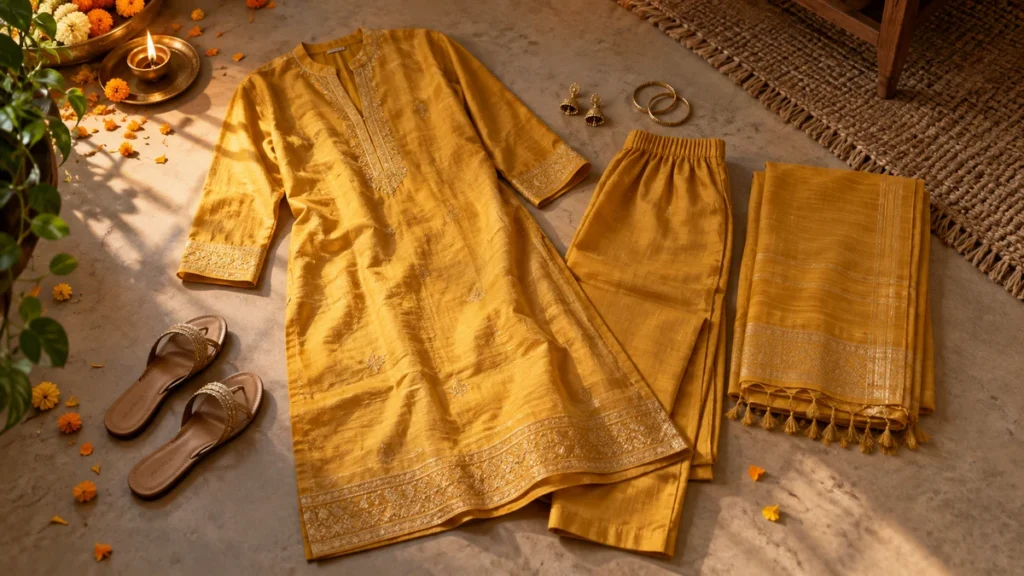 A cotton-silk kurta set, dupatta, simple gold jewelry, flat sandals, and a glowing diya arranged for a home Diwali puja.