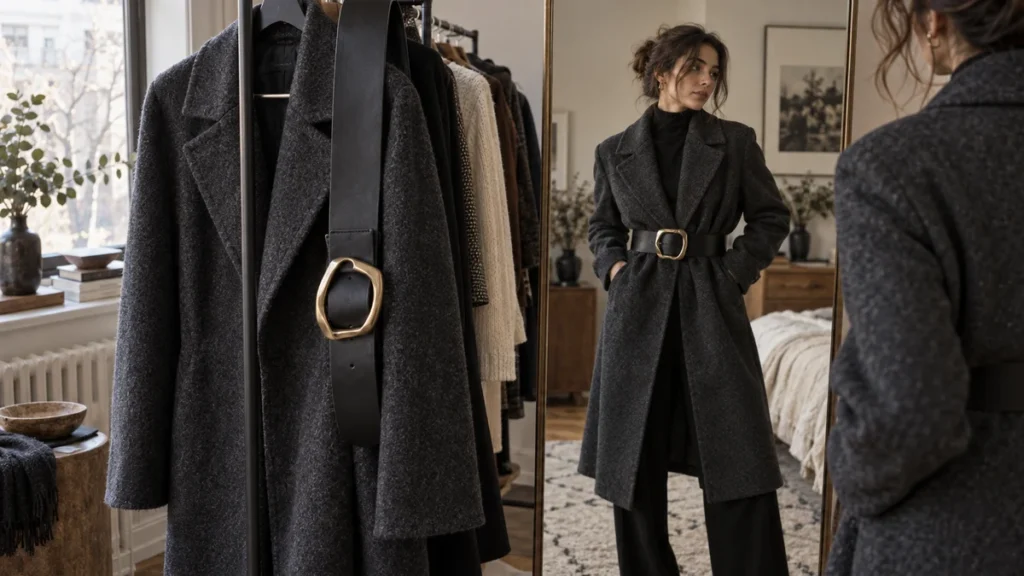 A person tries a straight-cut wool coat cinched at the waist with a wide leather belt and oversized buckle, beside a wardrobe rail.