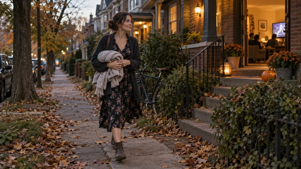 A woman wearing a dark floral dress, cardigan, and ankle boots walks along an autumn neighbourhood street toward a Halloween movie night.