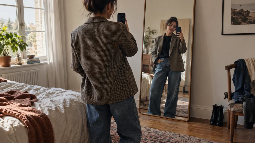 A person uses a phone and full-length mirror at home to preview a boxy jacket outfit.