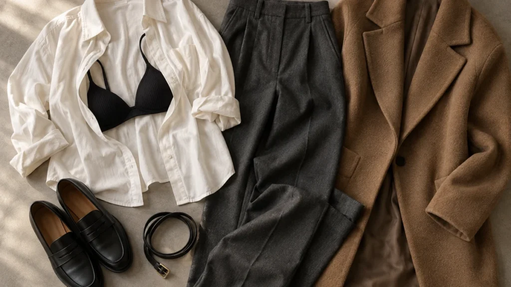Illustration of a fall outfit flat lay with a black bra, open ivory shirt, tailored charcoal trousers, camel wool coat, loafers, and belt, showing one deliberate peekaboo styling detail.