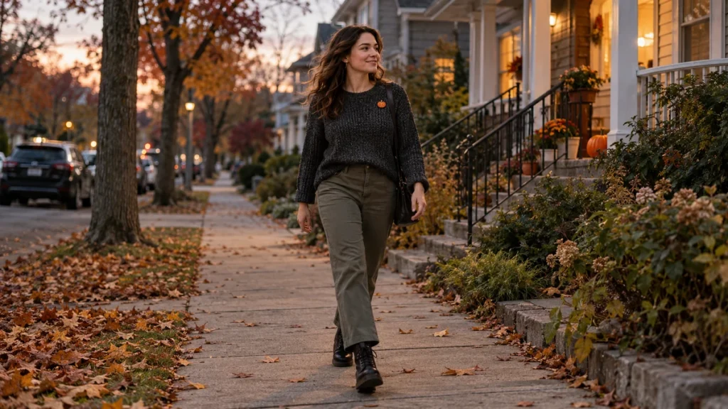 Editorial illustration of a person in a dark knit top, straight-leg trousers, secure ankle boots, and a small Halloween accent on a neighbourhood sidewalk.