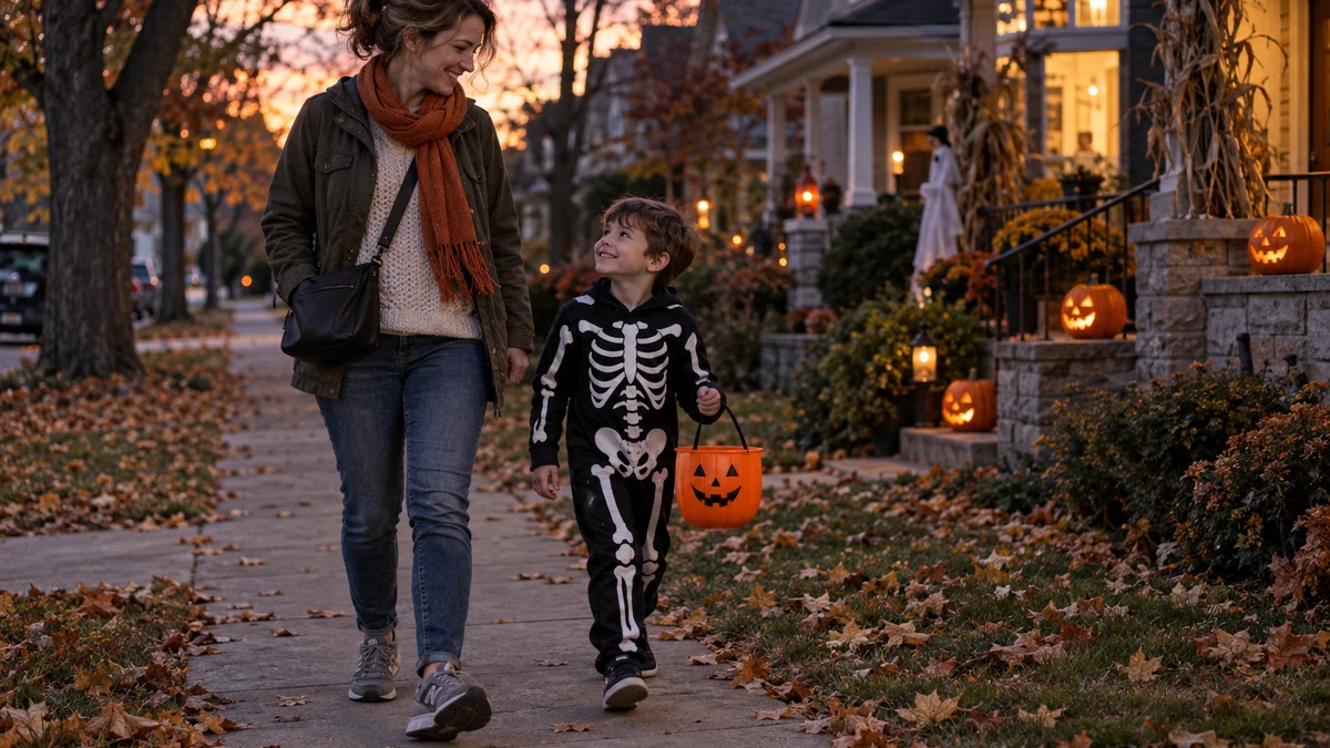 A parent in comfortable layered autumn clothes and walking shoes trick-or-treats with a costumed child on a neighborhood sidewalk.