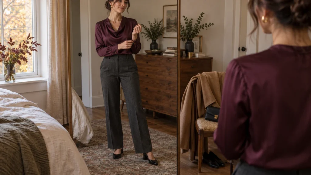 A woman checks her October birthday-dinner outfit in a bedroom mirror, wearing charcoal trousers, a plum satin blouse, black heels and gold earrings, with a camel coat nearby.
