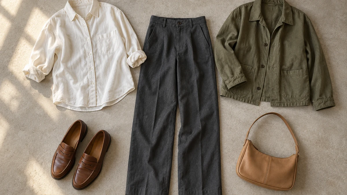 Illustrative outfit flat lay with an ivory shirt, charcoal trousers, olive jacket, brown loafers and tan bag, representing a clothing concept to explore through virtual try-on.