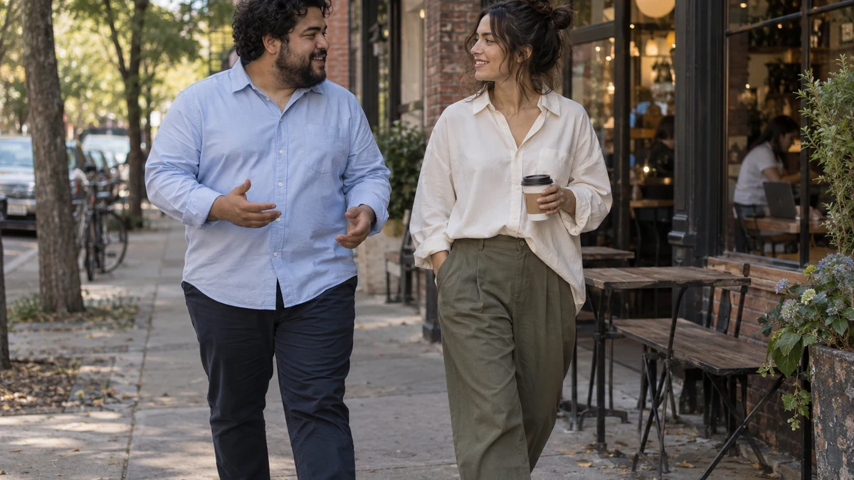 Street-style illustration of two adults wearing regular-fit and intentionally oversized button-up shirts, showing shoulder placement, smooth button closures and relaxed sleeves.