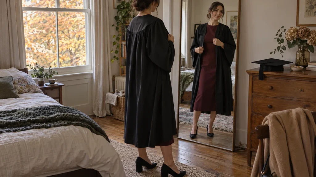 Illustration of a graduate checking a burgundy midi dress, black block heels and open academic gown in a bedroom mirror, with a camel coat nearby.