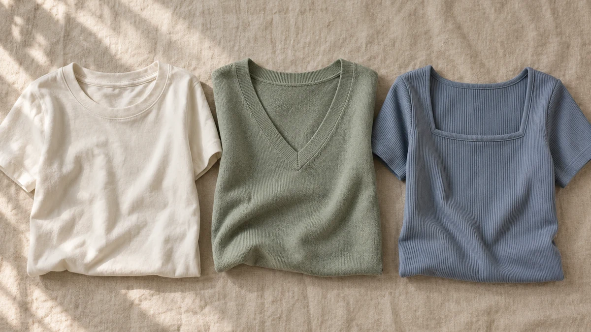 Flat-lay illustration comparing an ivory crew-neck T-shirt, a sage V-neck knit top and a blue square-neck ribbed top on neutral linen.