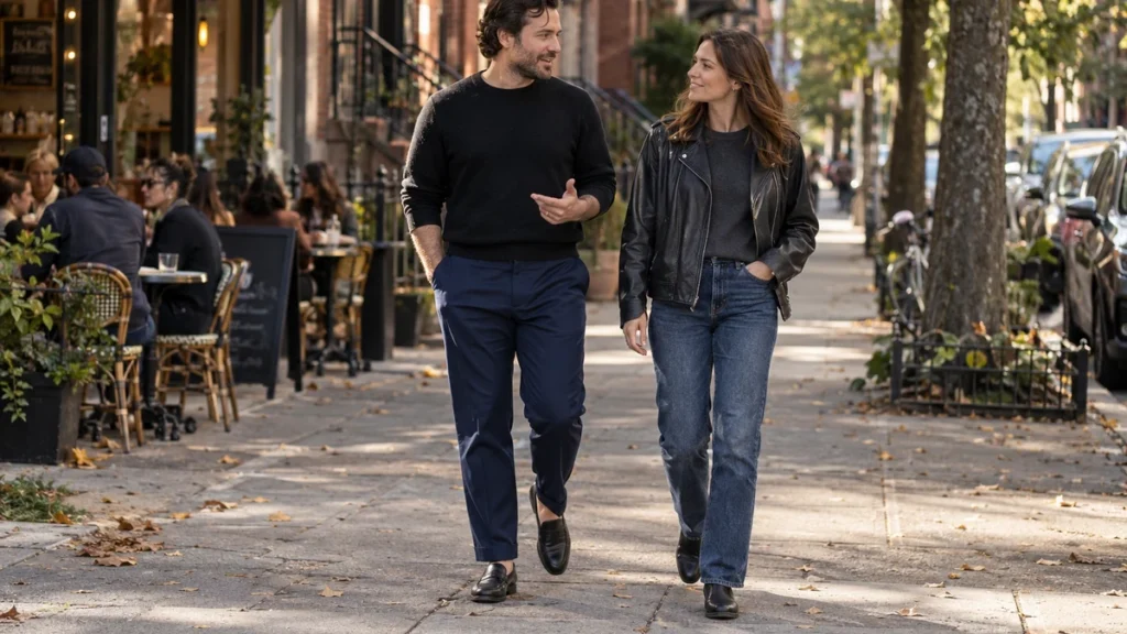 Street-style illustration of two adults wearing navy trousers with a black knit and dark blue denim with a black leather jacket, showing contrasting fabric textures.