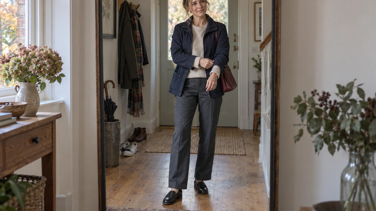 Illustration of a parent checking an autumn school open-evening outfit in a home mirror: charcoal trousers, oatmeal knit, navy jacket, black loafers and a small burgundy shoulder bag.