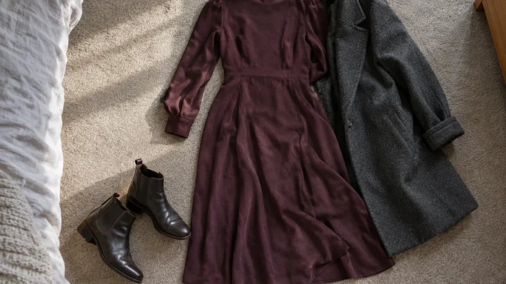 Illustrative flat lay of an aubergine dress with dark boots and a charcoal coat, showing an outfit being considered for a final-sale purchase.