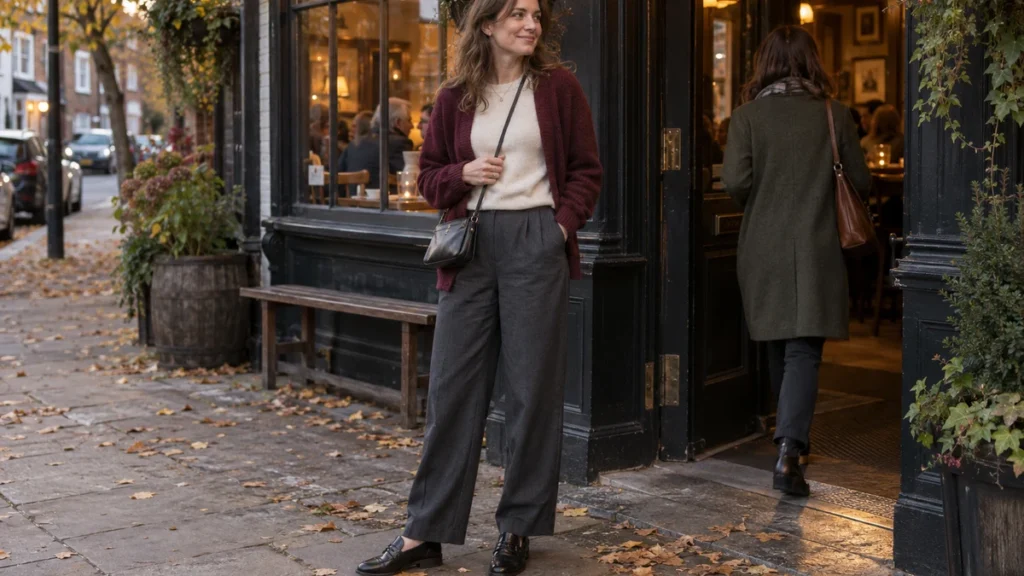 Street-style illustration of a person arriving at a neighbourhood pub for a fall charity quiz night, wearing charcoal wide-leg trousers, an ivory knit, a burgundy cardigan, and black loafers.